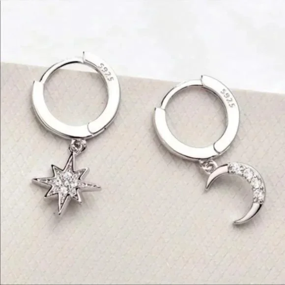 MOON STAR 925 STERLING SILVER DIAMOND HOOPS, NICE EARRINGS, CUTE EARRINGS - Picture 2 of 3